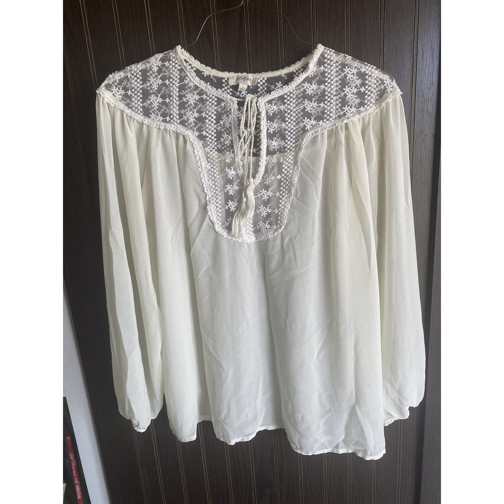 Umgee USA Womens White Loose Blouse Lacy Floral Trim Tassel Tie Size Large